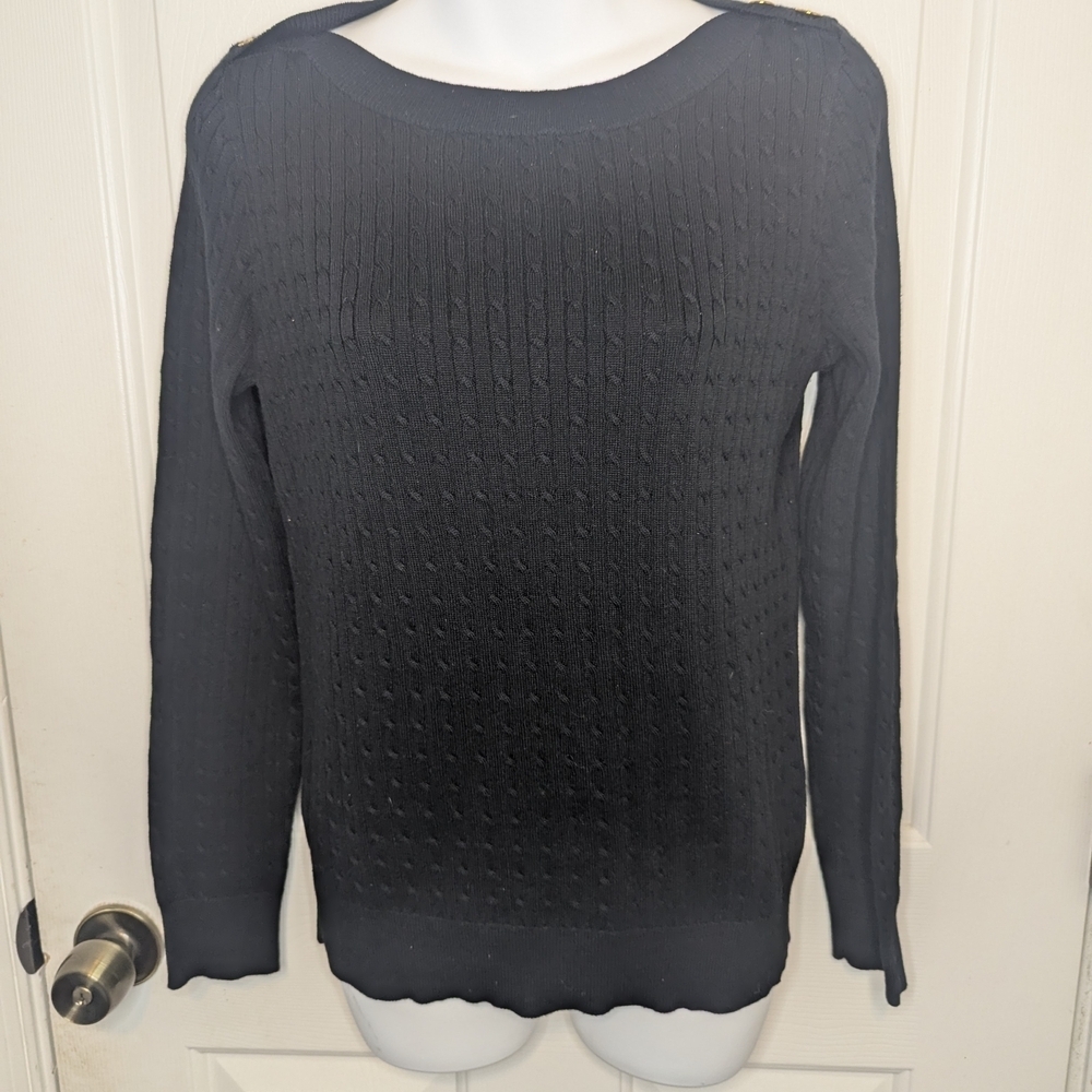 Lauren Ralph Lauren Women's Black Pullover Sweater 100% Cotton Gold Buttons, Med